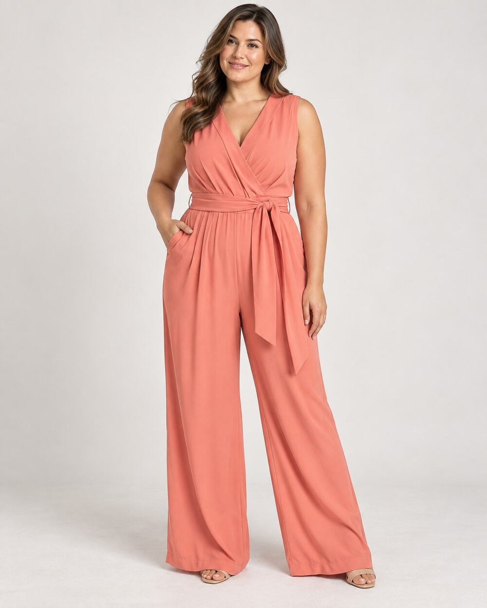 Gianni Bini Coral Wide Leg Wrap Front Tie Waist Jumpsuit